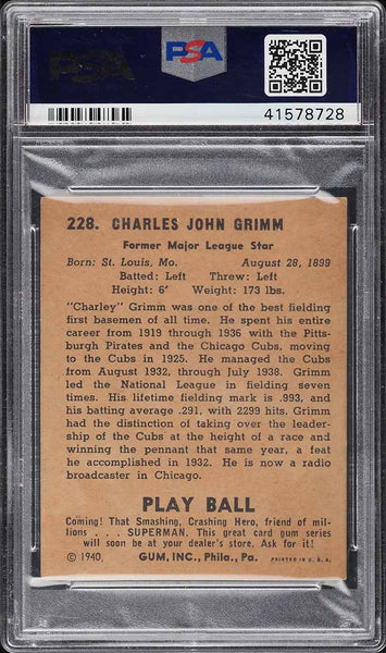 1940 Play Ball BB Card #228 Charley Grimm Chicago Cubs HOF PSA 4.5 VGEX+ (MGD2)