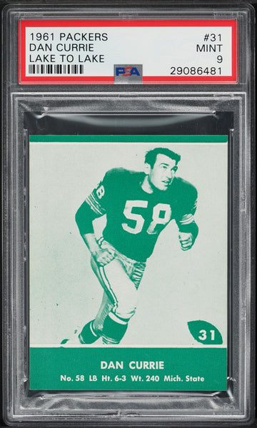 1961 Lake to Lake Packers FB Card # 31 Dan Currie HOF PSA 9 MINT (MGD2)