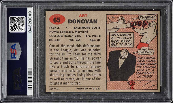 1957 Topps FB Card # 65 Art Donovan Baltimore Colts HOF PSA 8 NM-MT (MGD2)