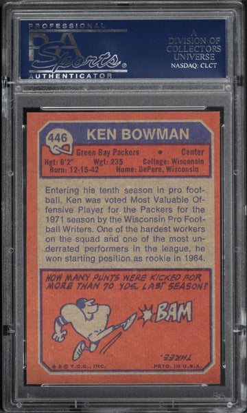 1973 Topps FB Card #446 Ken Bowman Green Bay Packers HOF PSA 9 MINT (MGD2)