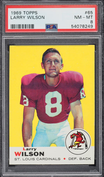 1969 Topps FB Card # 65 Larry Wilson St. Louis Cardinals HOF PSA 8 NM-MT (MGD2)