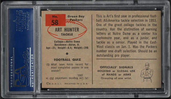 1954 Bowman FB Card # 58 Art Hunter Green Bay Packers ROOKIE RC PSA 8 NM-MT (MGD2)