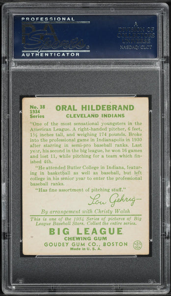 1934 Goudey BB Card # 38 Oral Hildebrand Cleveland Indians ROOKIE RC PSA 4 VGEX (MGD2)