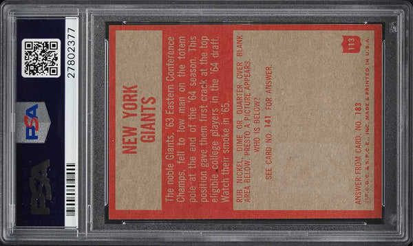 1965 Philadelphia FB Card #113 New York Giants TEAM CARD PSA 8 NM-MT (MGD2)