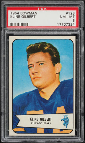 1954 Bowman FB Card #123 Kline Gilbert Chicago Bears ROOKIE RC PSA 8 NM-MT (MGD2)