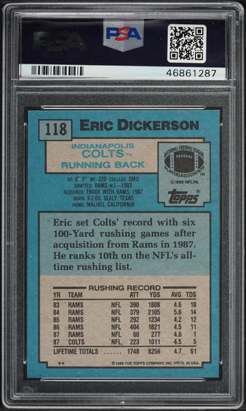 1988 Topps FB Card #118 Eric Dickerson Indianapolis Colts HOF ALL-PRO PSA 9 MINT (MGD2)