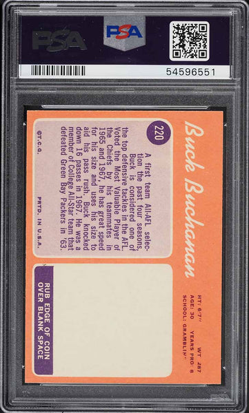 1970 Topps FB Card #220 Buck Buchanan Kansas City Chiefs HOF PSA 8 NM-MT (MGD2)