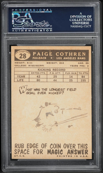 1959 Topps FB Card # 28 Paige Cothren Los Angeles Rams PSA 8 NM-MT (MGD2)