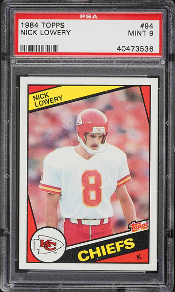 1984 Topps FB Card # 94 Nick Lowery Kansas City Chiefs HOF PSA 9 MINT (MGD2)