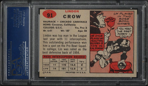 1957 Topps FB Card # 91 Lindon Crow Chicago Cardinals PSA 7.5 NRMT+ (MGD2)