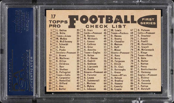 1959 Topps FB Card # 17 Baltimore Colts TEAM CARD CHECKLIST BACK PSA 8 NM-MT (MGD2)