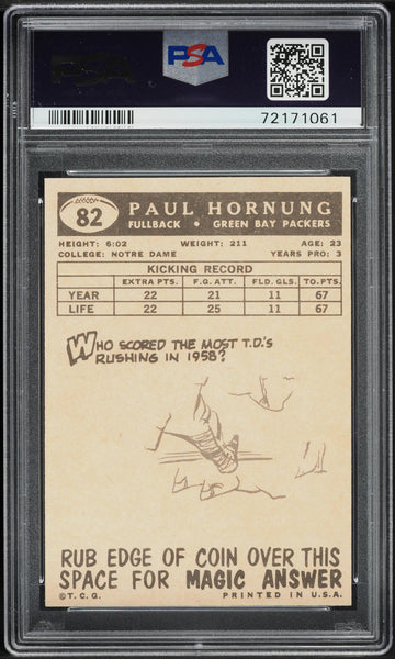 1959 Topps FB Card # 82 Paul Hornung Green Bay Packers HOF PSA 8 NM-MT (MGD2)