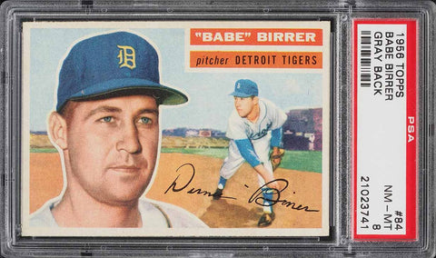 1956 Topps BB Card # 84 Babe Birrer Detroit Tigers ROOKIE RC GRAY BK PSA 8 NM-MT (MGD2)