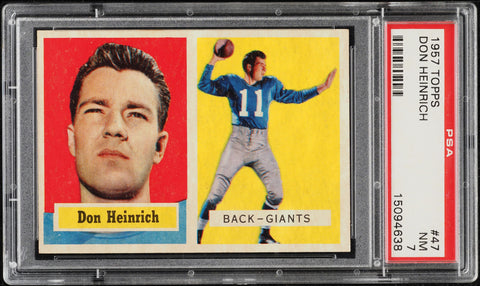 1957 Topps FB Card # 47 Don Heinrich New York Giants HOF PSA 7 NRMT (MGD2)