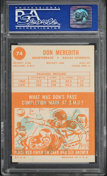 1963 Topps FB Card # 74 Don Meredith Dallas Cowboys HOF SP PSA 7 NRMT (MGD2)