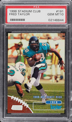 1998 Stadium Club FB Card #191 Fred Taylor Jaguars ROOKIE RC PSA 10 GEM MINT (MGD2)