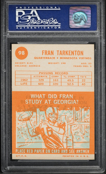 1963 Topps FB Card # 98 Fran Tarkenton Minnesota Vikings HOF PSA 7 NRMT (MGD2)