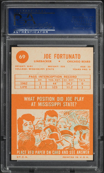 1963 Topps FB Card # 69 Joe Fortunato Chicago Bears PSA 7 NRMT (MGD2)