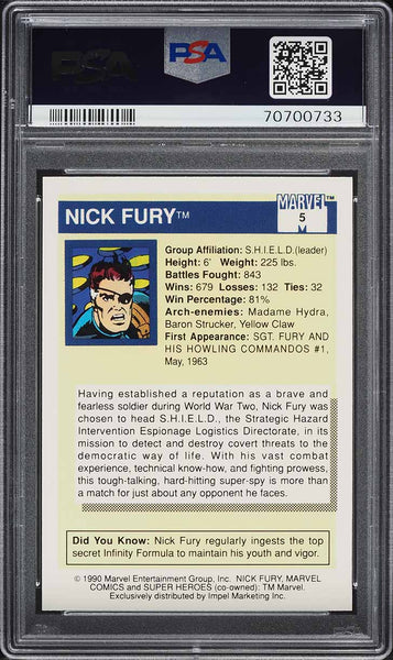 1990 Impel Marvel Universe Card # 5 Nick Fury PSA 10 GEM MINT (MGD2)