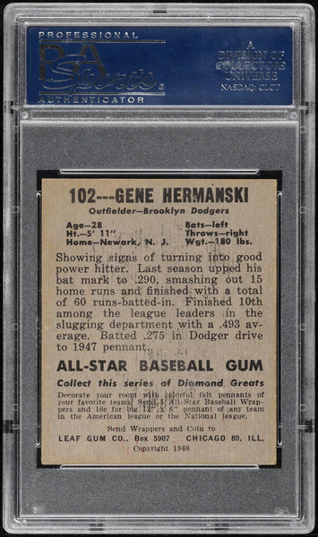 1948 Leaf BB Card #102 Gene Hermanski Brooklyn Dodgers CORRECT SPELLING PSA 5 EX (MGD2)