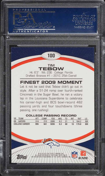 2010 Finest FB Card #100 Tim Tebow Denver Broncos ROOKIE RC PSA 10 GEM MINT (MGD2)