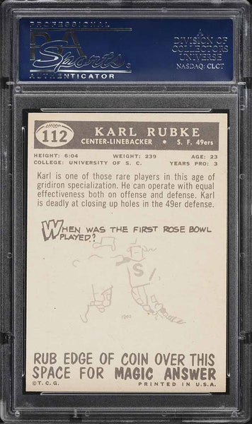 1959 Topps FB Card #112 Karl Rubke San Francisco 49ers ROOKIE RC PSA 8 NM-MT (MGD2)