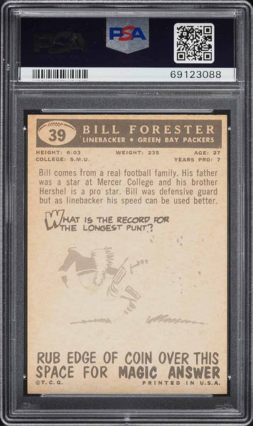 1959 Topps FB Card # 39 Bill Forester Green Bay Packers HOF PSA 6 EXMT (MGD2)