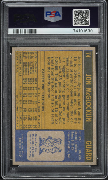 1971 Topps BkB Card # 74 Jon McGlocklin Milwaukee Bucks PSA 9 MINT (MGD2)