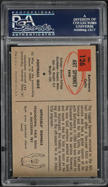 1954 Bowman FB Card #126 Art Spinney Baltimore Colts ROOKIE RC PSA 8 NM-MT (MGD2)