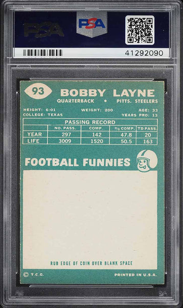 1960 Topps FB Card # 93 Bobby Layne Pittsburgh Steelers HOF PSA 7 NRMT (MGD2)