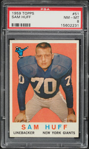 1959 Topps FB Card # 51 Sam Huff New York Giants HOF ROOKIE RC PSA 8 NM-MT (MGD2)