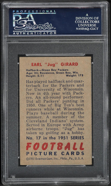 1951 Bowman FB Card # 17 Earl Jug Girard Green Bay Packers PSA 5 EX (MGD2)