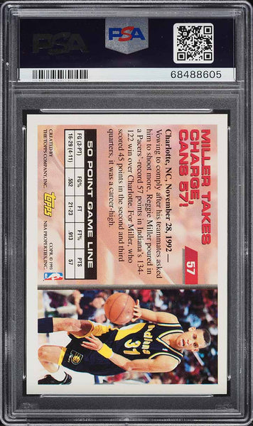 1993 Topps BkB Card # 57 Reggie Miller Pacers HOF 50 POINT CLUB PSA 10 GEM MINT (MGD2)