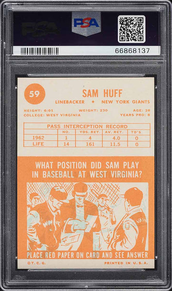 1963 Topps FB Card # 59 Sam Huff New York Giants HOF SP PSA 6 EXMT (MGD2)