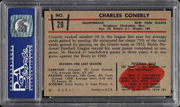 1953 Bowman FB Card # 20 Charley Conerly New York Giants HOF PSA 7 NRMT (MGD2)