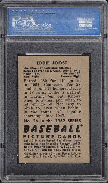 1952 Bowman BB Card # 26 Eddie Joost Philadelphia Athletics PSA 8 NM-MT (MGD2)