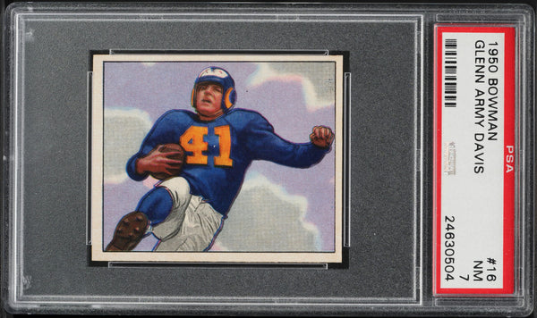 1950 Bowman FB Card # 16 Glenn Army Davis LA Rams HOF ROOKIE RC PSA 7 NRMT (MGD2)