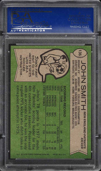 1978 Topps FB Card #136 John Smith New England Patriots PSA 8 NM-MT (MGD2)