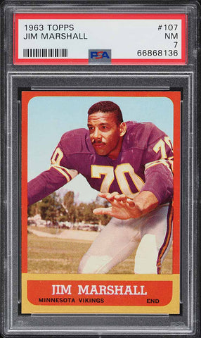 1963 Topps FB Card #107 Jim Marshall Minnesota Vikings HOF ROOKIE RC PSA 7 NRMT (MGD2)