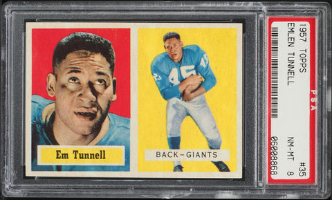 1957 Topps FB Card # 35 Emlen Tunnell New York Giants HOF PSA 8 NM-MT (MGD2)