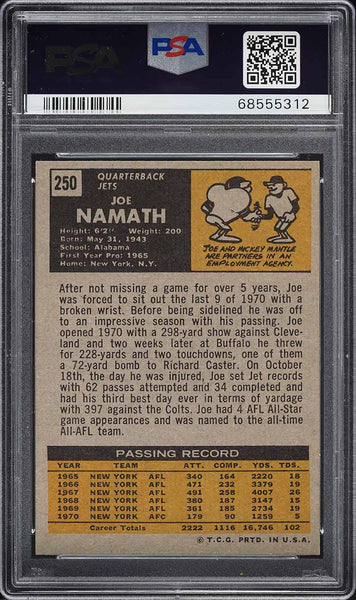 1971 Topps FB Card #250 Joe Namath New York Jets HOF PSA 5 EX (MGD2)