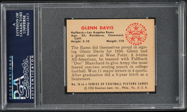 1950 Bowman FB Card # 16 Glenn Army Davis LA Rams HOF ROOKIE RC PSA 7 NRMT (MGD2)