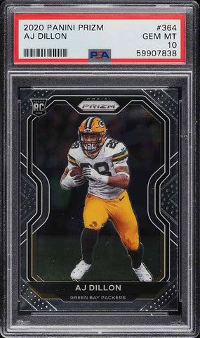 2020 Panini Prizm FB Card #364 AJ Dillon ROOKIE RC PSA 10 GEM MINT (MGD2)