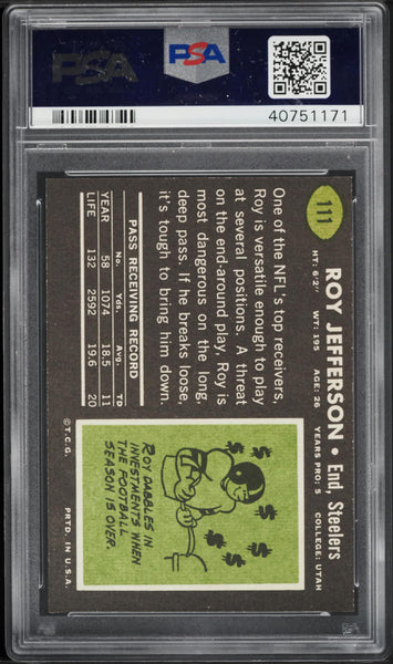 1969 Topps FB Card #111 Roy Jefferson Pittsburgh Steelers PSA 8.5 NM-MT+ (MGD2)