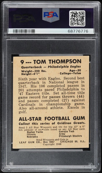 1948 Leaf FB Card # 9 Tommy Thompson YELLOW JERSEY NUMBERS PSA 6 EXMT (MGD2)