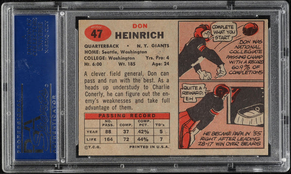 1957 Topps FB Card # 47 Don Heinrich New York Giants HOF PSA 7 NRMT (MGD2)