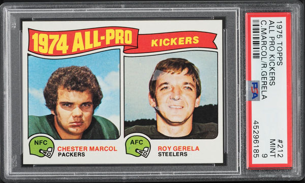 1975 Topps FB Card #212 Chester Marcol HOF & Roy Gerela ALL-PRO PSA 9 MINT (MGD2)