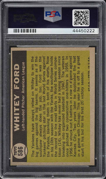 1961 Topps BB Card #586 Whitey Ford New York Yankees HOF ALL-STAR PSA 8 NM-MT (MGD2)