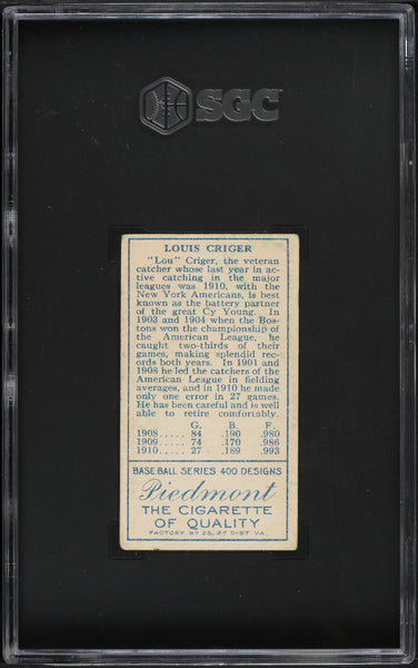 1911 T205 Gold Border Piedmont LOUIS CRIGER New York Yankees SGC 4 VGEX (MGD2)