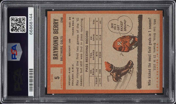 1962 Topps FB Card # 5 Raymond Berry Baltimore Colts HOF SP PSA 6 EXMT (MGD2)